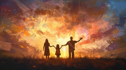 Silhouette of Family walking in the sunset