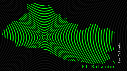 A map of El Salvador, with a dark background and the country's outline in the shape of a colored spiral, centered around the capital. A simple sketch of the country.
