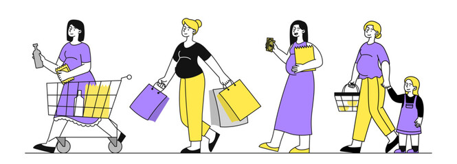 Pregnant women at shopping vector simple
