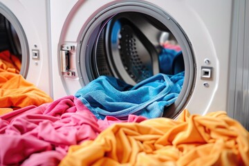 A white dryer is full of colorful clothes. The clothes are in different colors and sizes. Concept of chaos and disorder