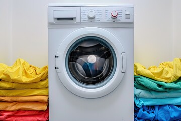 A white washing machine with a blue shirt on top of it. The shirt is on top of a pile of other shirts