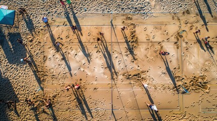 An artistic aerial shot captures people strolling on a beach, casting electric blue shadows on the sandy slope, creating a stunning pattern resembling terrestrial animal prints AIG50
