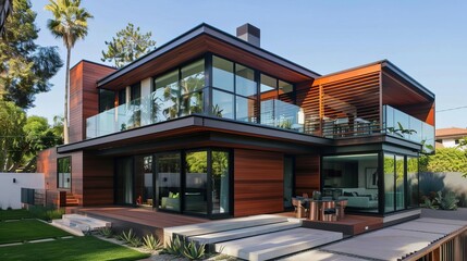 Elegant modern home exterior showcasing wood and glass materials