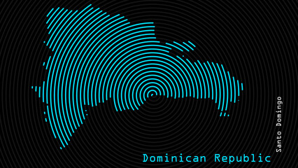 A map of Dominican Republic, with a dark background and the country's outline in the shape of a colored spiral, centered around the capital. A simple sketch of the country.