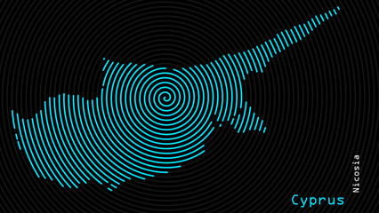 A map of Cyprus, with a dark background and the country's outline in the shape of a colored spiral, centered around the capital. A simple sketch of the country, highlighting its unique shape.