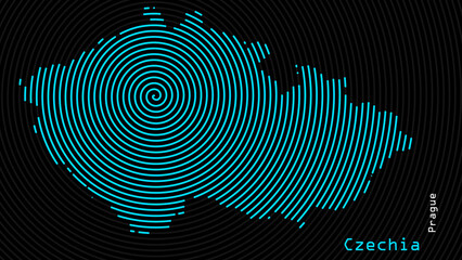 A map of Czechia, with a dark background and the country's outline in the shape of a colored spiral, centered around the capital. A simple sketch of the country, highlighting its unique shape.