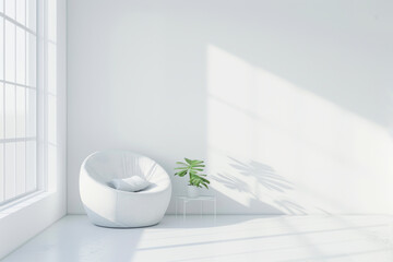 cozy room interior with a white armchair and a houseplant