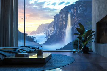 luxurious bedroom with a large window showcasing a beautiful waterfall.