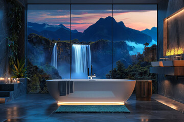luxurious bathroom features a freestanding bathtub positioned in front of a large window that reveals a stunning view of a cascading waterfall surrounded