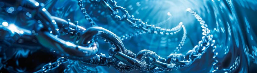 A swirling vortex of blue chains, forming a blockchain network that expands outwards like a ripple effect, conveying the growth and spread of the technology