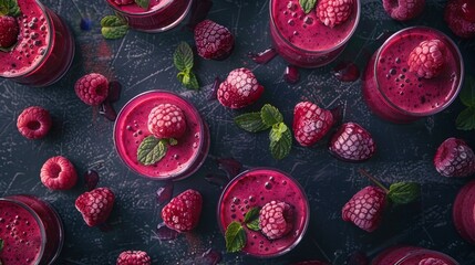 Fototapeta premium Bright berry smoothie glasses, top perspective, isolated on a deep dark textured backdrop, studio shine
