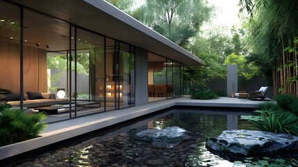 A minimalist villa with a clean cubic structure, floor-to-ceiling glass walls, and a serene water feature in the front yard complemented by bamboo plantings.