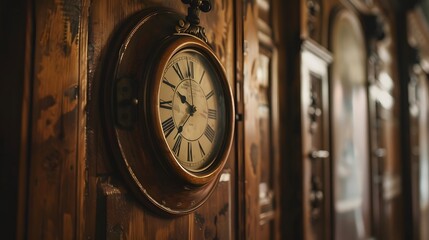 Photography of an antique teak wood wall clock with teak wood frame and roman numerals Generative AI