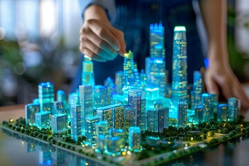 Obraz premium Executive holding a digital twin of a city to analyze urban development