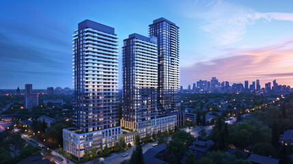 Fototapeta premium Metropolitan Residence: A contemporary condo complex soaring above the cityscape, providing upscale urban living.