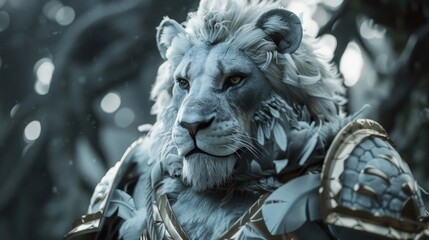Photograph of a humanoid lion with white fur and gray skin with