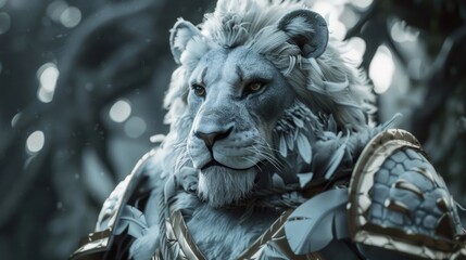 Fototapeta premium Photograph of a humanoid lion with white fur and gray skin with