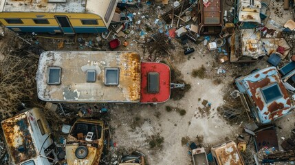 Bird's-eye view of a chaotic junkyard scene, with an old, colorful camper and trailer amid scattered, rusty artifacts of urban decay