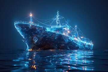 Fototapeta premium A wireframe-style illustration depicts a cargo ship loaded with containers, highlighting modern logistics and transportation technology