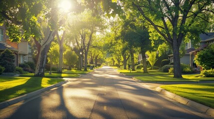 A tranquil suburban street at dawn, sunlight streaming through lush green trees, casting long shadows on the well-kept road, evoking a serene morning walk