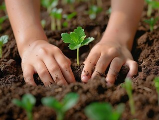 Fototapeta premium Hands planting a seed of hope in fertile soil, symbolizing a new beginning after overcoming addiction