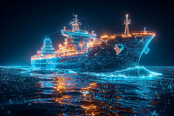 Fototapeta premium A wireframe-style illustration depicts a cargo ship loaded with containers, highlighting modern logistics and transportation technology