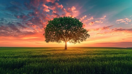 Fototapeta premium A stunning close-up of a solitary tree in a vast field, the branches elegantly silhouetted against a vibrant sky background, invoking a serene, pastoral mood