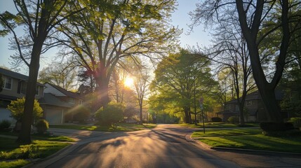 Fototapeta premium A suburban road under the canopy of spring trees, sunlight peeking through, casting a mosaic of light across the neighborhood's charm