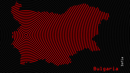 A map of Bulgaria, with a dark background and the country's outline in the shape of a colored spiral, centered around the capital. A simple sketch of the country, highlighting its unique shape.