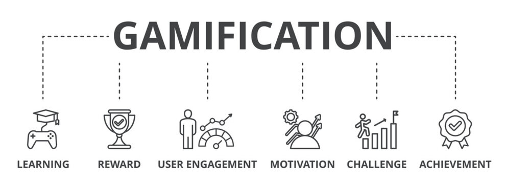Gamification concept icon illustration contain learning, reward, user engagement, motivation, challenge and achievement.