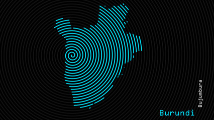 A map of Burundi, with a dark background and the country's outline in the shape of a colored spiral, centered around the capital. A simple sketch of the country, highlighting its unique shape.