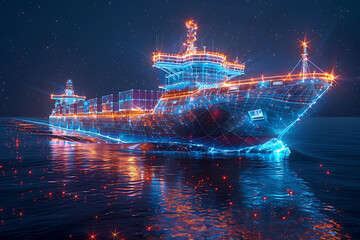 Fototapeta premium A wireframe-style illustration depicts a cargo ship loaded with containers, highlighting modern logistics and transportation technology