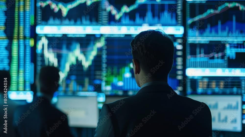 Poster technology concept: data analyst and chartist analyzing market data