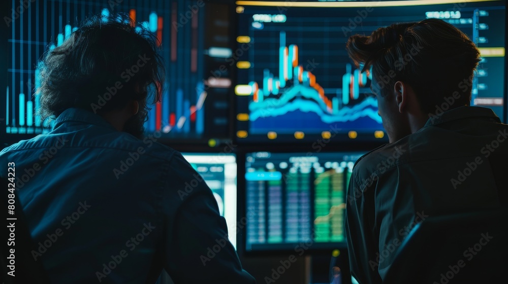 Poster technology concept: data analyst and chartist analyzing market data