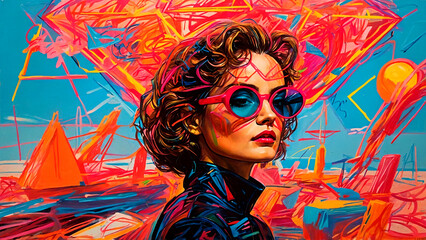 Colorful Abstract Portrait illustration of Woman with Glasses