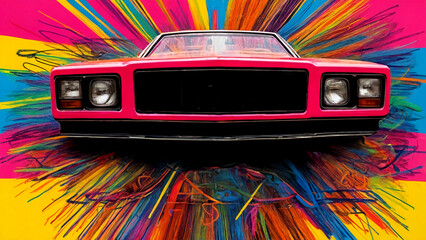 Vibrant Vintage Car with Explosive Colorful Background