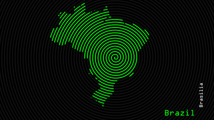 A map of Brazil, with a dark background and the country's outline in the shape of a colored spiral, centered around the capital. A simple sketch of the country, highlighting its unique shape.