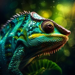 Obraz premium Green colored chameleon close up. Generative AI.