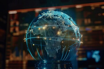 Holographic globe showing international network connections, symbolizing global communication and data exchange