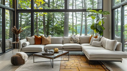 A modern living room with an open layout, mid-century decor, and a forest view, showcasing a plush sectional sofa and a geometric coffee table.