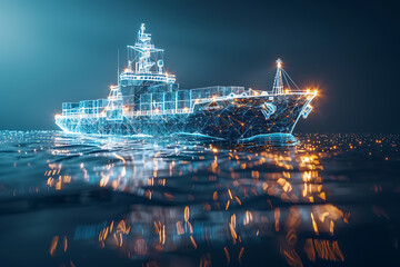 A wireframe-style illustration of a cargo ship laden with containers showcases modern maritime logistics and transportation infrastructure