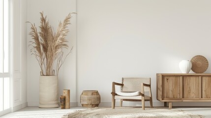 Blank wall in home interior, white room with natural wooden furniture, Scandinavian Boho style