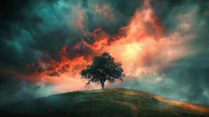 A picturesque tree on a hill, set against a hellish, dramatic sky, in a raw, unfiltered photographic style