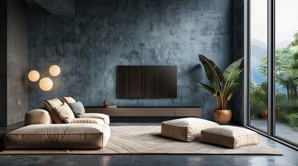 A modern loft studio with a modular sofa, an oversized floor cushion, and a sleek entertainment unit placed against the deep blue textured wall.