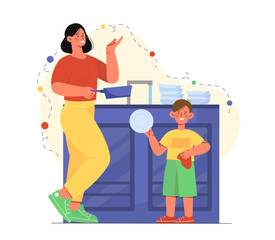 Family wash dishes vector concept