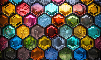 Stained-glass hexagon cells full color.  - 808425616