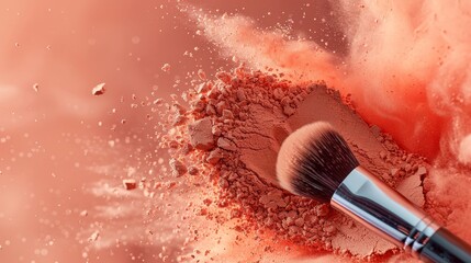 A macro shot of a makeup brush hitting a mound of pastel peach powder, particles frozen in motion, peach fuzz backdrop, highlighting beauty essentials in a studio setup