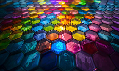 Stained-glass hexagon cells full color.  - 808425643