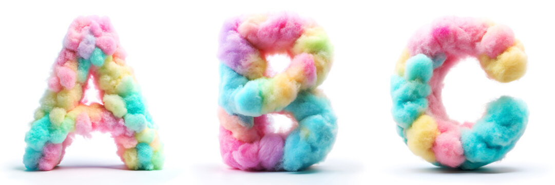 Letters A, B, C. Cotton Candy Alphabet: Sweet Treat for Kids.