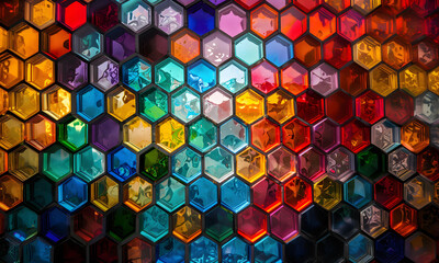 Stained-glass hexagon cells full color.  - 808425879
